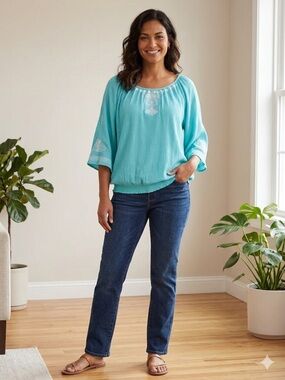 Hannah Xl Blouse Embroidered Teal Peasant Top  Cinch Waist - Casual Wear